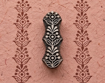 Bloque de impresión de madera con forma de tótem floral, sello de borde tallado a mano para tela, papel, arcilla, textiles y artesanías.