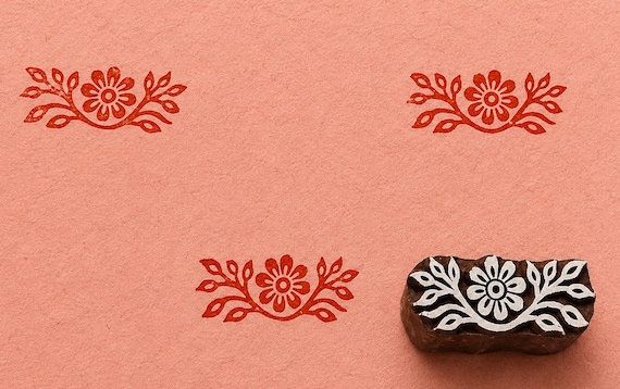 Folk Floral Border Wooden Block Stamp – Hand Carved Printing Block for Gift Wrap, Journals, Fabric & Paper Crafts