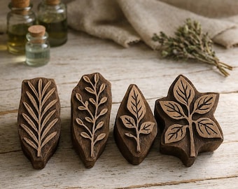 Juego de 4 sellos de madera para impresión botánica: sellos de tela con hojas talladas a mano, bloques para textiles y cerámica de la India.