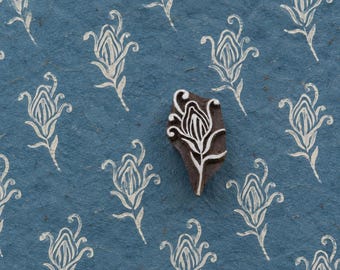 Curling Tulip Wood Stamp, Hand Carved Indian Floral Wooden Printing Block