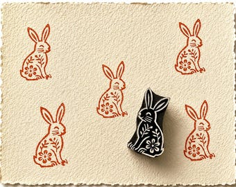 Sello de madera con forma de liebre botánica / Sello de animal folclórico tallado a mano para estampado de telas, cerámica, diarios y envoltorios de regalo.