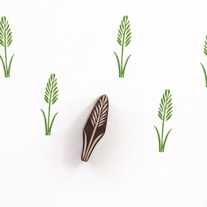 Op de afbeelding: Een houten blok met een bladontwerp, naast verschillende groene bladilustraties op een witte achtergrond. Het blok is donkerbruin met een gedetailleerd wit bladpatroon. De groene illustraties zijn van een vergelijkbaar blad.