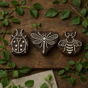 Hand Carved Insect Wooden Printing Blocks – Bee, Dragonfly & Ladybug – Nature Inspired Block Print Stamps