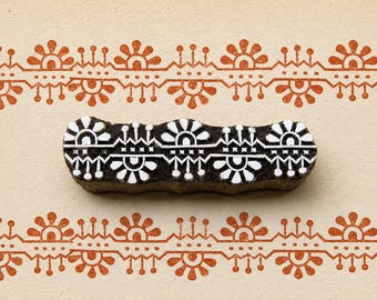 Sunburst Folk Border Wooden Printing Block, Rustic Geometric Border Stamp, Hand Carved Textile Print Tool