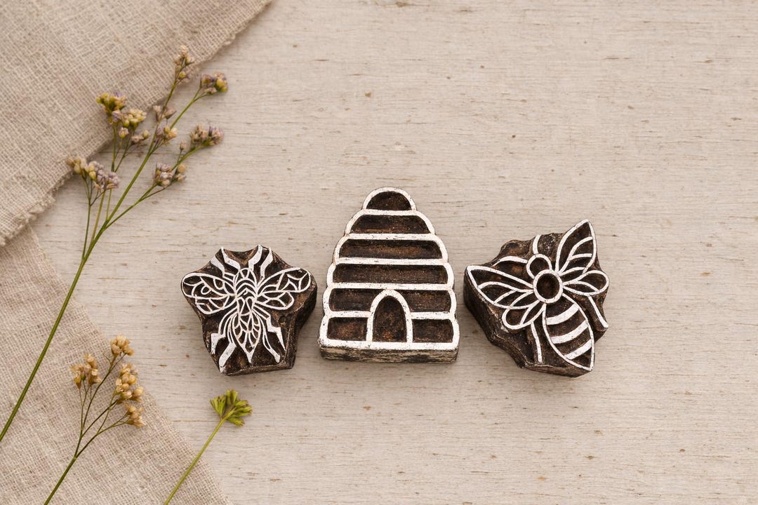 Bee & Beehive Wooden Block Printing Stamps – Hand Carved Honeybee Block ...