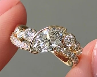 Marquise Cut Lab Grown Diamond Engagement Ring Set, 14K Solid Gold Bezel Set Ring, Curved Wedding Band, Bridal Set