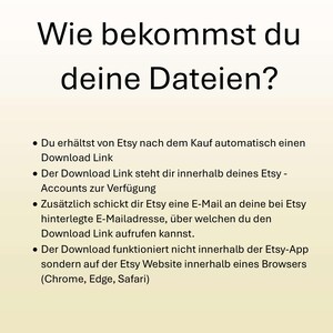 May include: Image with the text "Wie bekommst du deine Dateien?" and bullet points explaining how to download files after purchase on Etsy. The text is in German, with instructions on how to access the download link.