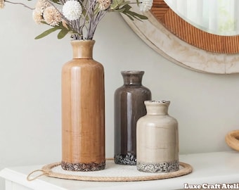 Ceramic Vase Set of 3 | Neutral Rustic Farmhouse Decor | Luxe Craft Atelier