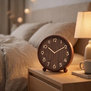 May include: A round analog table clock with a dark brown wood grain face and light-colored raised numerals from one to twelve. The clock features two matching light-colored hands and rests on two small, round, dark brown wooden feet on a surface.