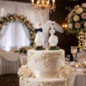 May include: A two-tier white wedding cake decorated with gold scrollwork and fondant roses, topped with two white goose figurines. One goose wears a black bow tie, and the other wears a white pearl necklace and a white tulle wedding veil.