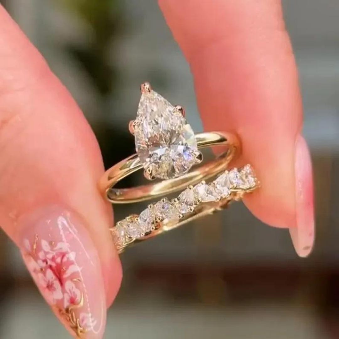 3 CT Pear Cut Moissanite Engagement Ring Set 14K Solid Gold Full ...