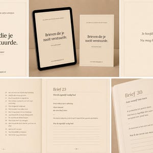 Può includere: Un set di cancelleria con il testo "Brieven die je nooit verstuurde" (Lettere che non hai mai inviato). L'immagine mostra un tablet, un libro e pagine aperte con testo.