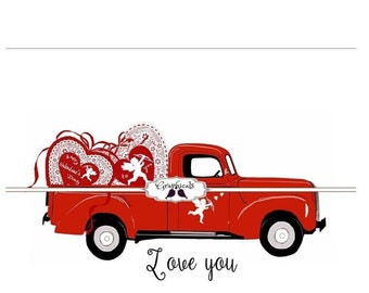 Red Valentine truck with hearts printable, digital download 8002