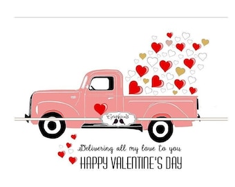 Printable Valentine message, pink truck, Hearts, digital graphic for Card, Crafts, Decoupage, Iron on transfer, burlap, tote, pillow 5895