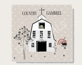 Printable folk art white country gambrel  barn wall art.