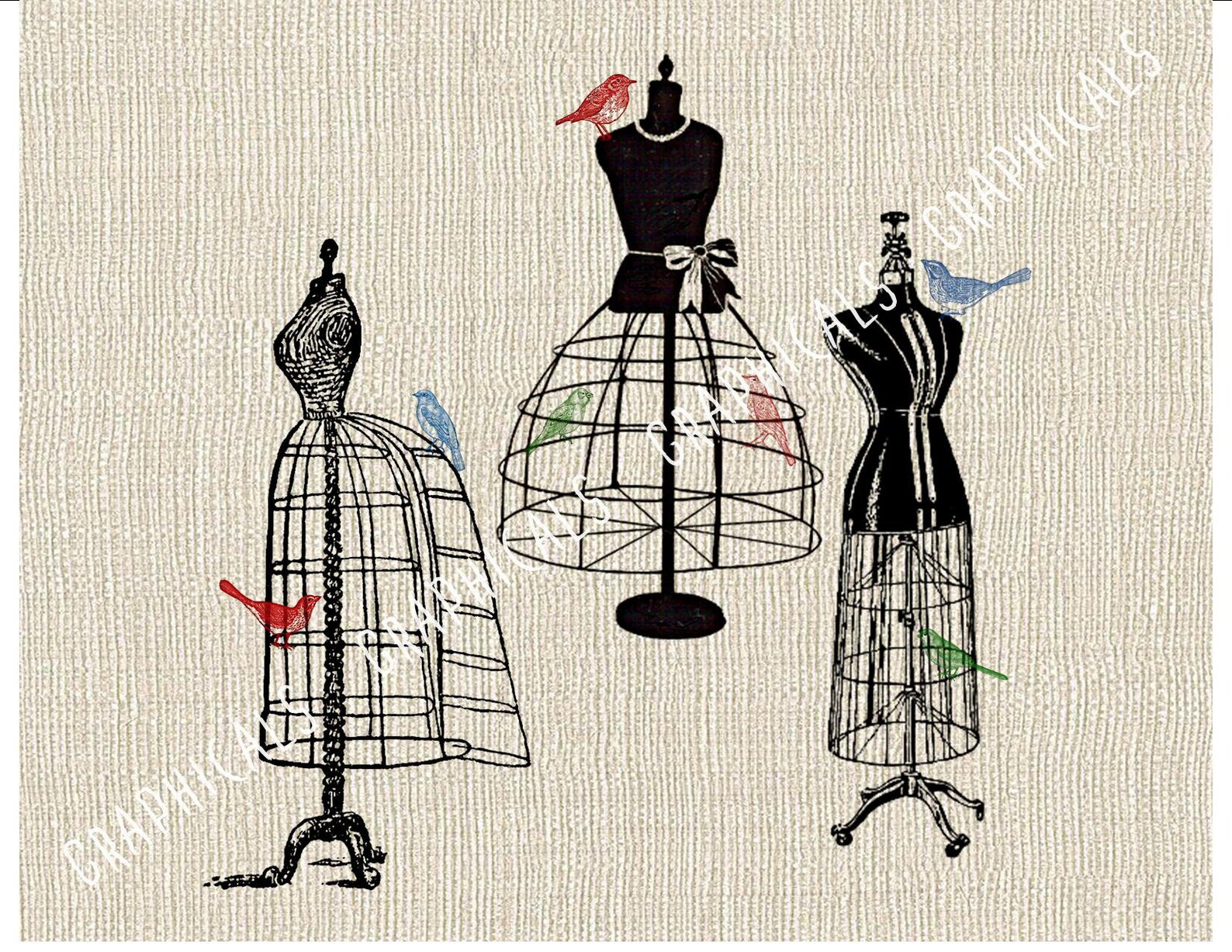 Vintage dress form mannequin Birds printable art for Etsy