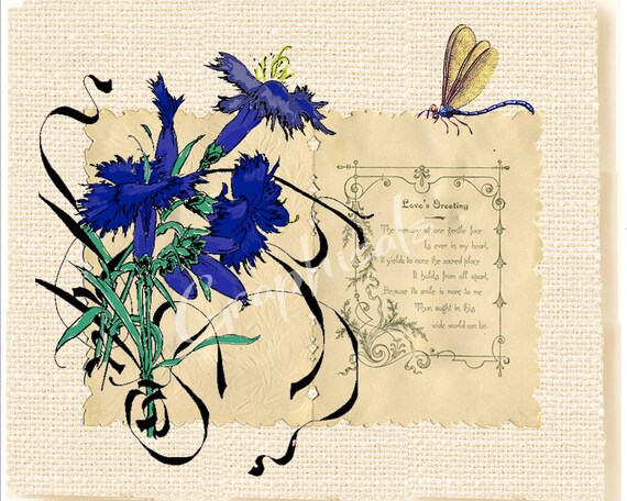 Love Poem Dragonfly Blue Flowers Printable Digital Etsy