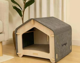 Felt Cat Cave Bed | Modern Wood Frame, Built-in Scratcher