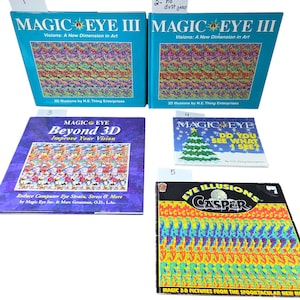 May include: A collection of Magic Eye books and 3D illusion puzzles. The books have colorful 3D images on the covers, with titles like "Magic Eye III" and "Beyond 3D." One book features Casper the Friendly Ghost.