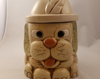 Vintage Dog with Hat Cookie Jar Tan Brown 8" Tall 6" Diameter Canister Storage container