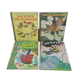 Puede incluir: Cuatro libros vintage de Little Golden Books: "Little Golden Picture Dictionary", "The Tiny, Tawny Kitten", "Scuffy the Tugboat" y "Tootle".