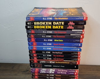 May include: A stack of 16 paperback books by R.L. Stine, featuring titles like "The Hitchhiker", "Broken Date", "The Snowman", "Blind Date", "Beach House", "The Boyfriend", "The Girlfriend", "The Dead Girlfriend", "Thirteen", "Call Waiting", and "Twisted".