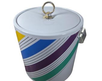Plastic and Vinyl White Stripe Ice Bucket Vintage