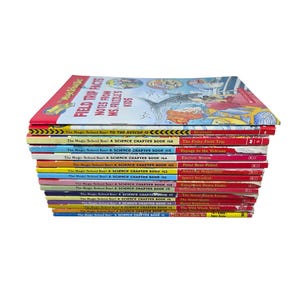 Op de afbeelding: Een stapel van vijftien The Magic School Bus wetenschappelijke hoofdstukboeken en één Field Trip Facts boek. De boeken hebben kleurrijke ruggen met titels waaronder The Fishy Field Trip, Voyage to the Volcano, Electric Storm en Polar Bear Patrol.
