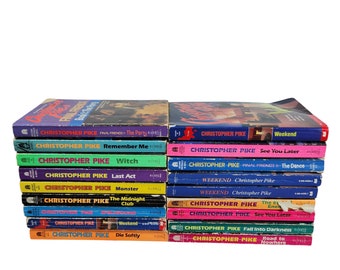 May include: A collection of vintage Christopher Pike paperbacks. Titles include "Remember Me," "Weekend," and "The Party." The books feature vibrant covers with bold titles. The spines are visible, displaying the author's name.