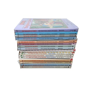 May include: A stack of 18 paperback books, mostly in shades of pink, blue, and green. The books are all part of a series, with titles like "The Boxcar Children" and "Baby-Sitters Little Sister".