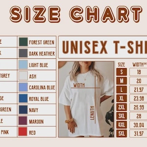 May include: A size chart for a unisex t-shirt, with measurements in inches. The chart includes sizes S to 5XL, with corresponding width and length measurements. Color options are listed, including white, black, and red.