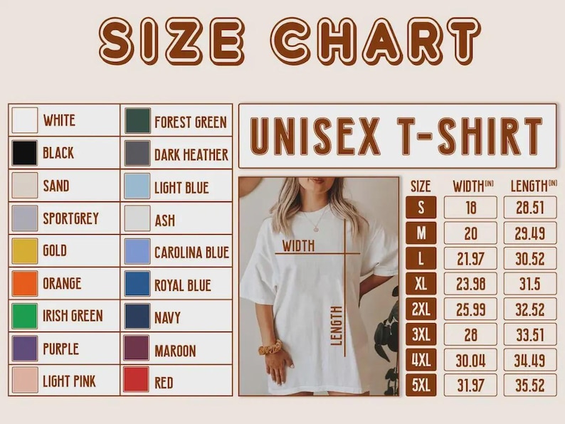 May include: A size chart for a unisex t-shirt, with measurements in inches. The chart includes sizes S to 5XL, with corresponding width and length measurements. Color options are listed, including white, black, and red.