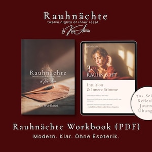 Puede incluir: Un cuaderno de trabajo digital y una pantalla de tableta con el texto "Rauhnächte" y "twelve nights of inner reset". La portada del cuaderno de trabajo presenta una varilla de incienso encendida. La tableta muestra un retrato de mujer y las palabras "Intuition & Innere Stimme."