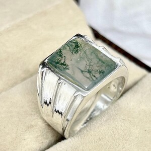 Moss Agate Signet 925 Sterling Silver Ring: Handmade Agate Statement Rings For her