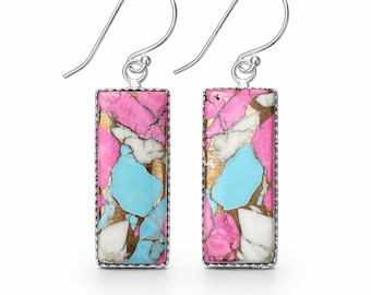 Cotton Candy Turquoise Earrings, 925 Sterling Silver Handmade Minimalist Dangle Drop Jewelry