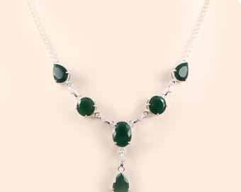 Natural Green Onyx Sterling Silver Y Necklace, Handmade Elegant Necklace Jewelry