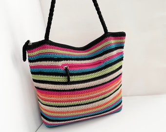 The Sak multicolored striped crochet knit top zip tote shoulder bag handbag purse