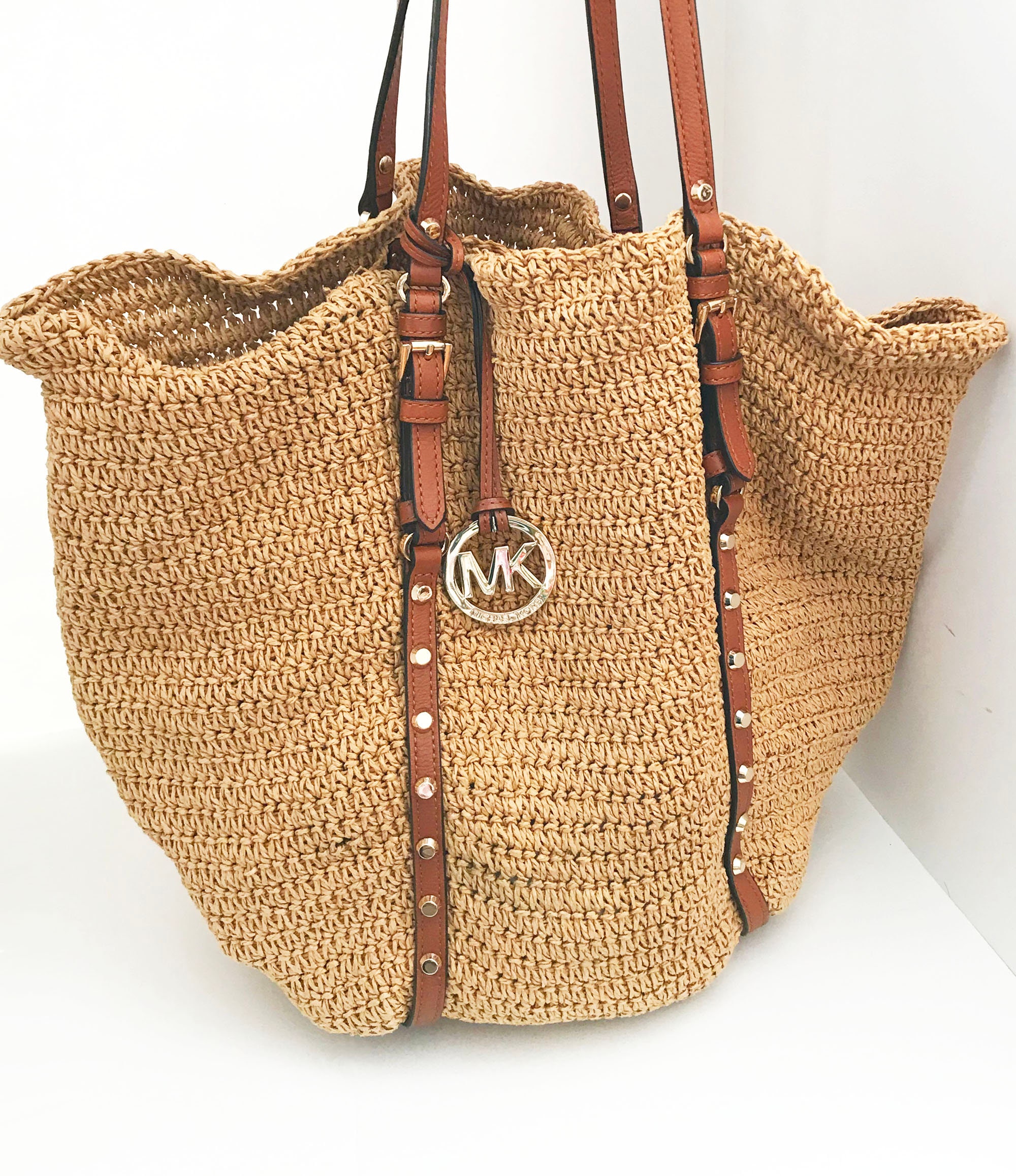 Michael Kors tan woven straw Raffia tote bag polished gold studs brown leather trim Large straw market tote summer shopper Etsy