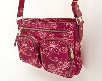 Burgundy red nylon multi pocket crossbody bag shoulder bag with gold-tone hardware -- New condition