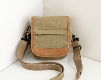 LL Bean small khaki tan canvas crossbody bag with leather trim