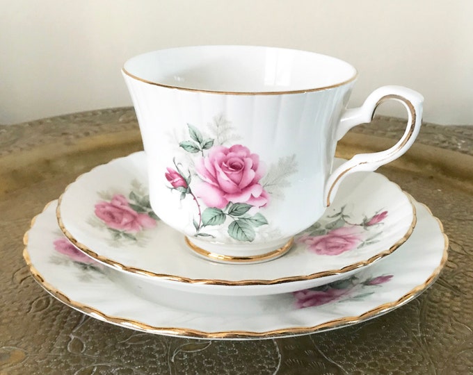 English Tea Cup Saucer Cake Plate Royal Stafford Rosalind Footed Tea