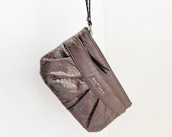 Juicy Couture wristlet clutch in shiny snakeskin chameleon print silvery pewter purplish evening purse