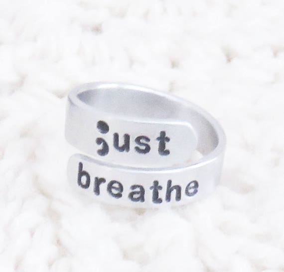 Lightweight aluminum just breathe handmade semicolon ring suicide depression awareness jewelry 