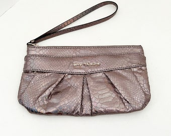Juicy Couture wristlet clutch in shiny snakeskin chameleon print silvery pewter purplish evening purse