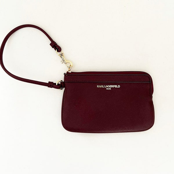 KARL LAGERFELD PARIS burgundy merlot saffiano leather wristlet purse