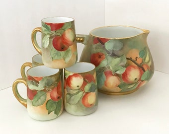 JPL Limoges France porcelain cider lemonade pitcher and cups mugs with hand-painted apples or peaches