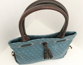 Dooney & Bourke signature blue canvas tassel tote bag shoulder bag purse handbag brown leather trim - Like-new condition