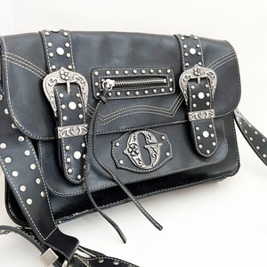 Guess black faux leather biker style bag punk purse Goth style bag with studs and rhinestones and ornate buckles