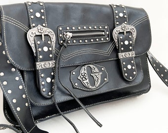 Guess black faux leather biker style bag punk purse Goth style bag with studs and rhinestones and ornate buckles