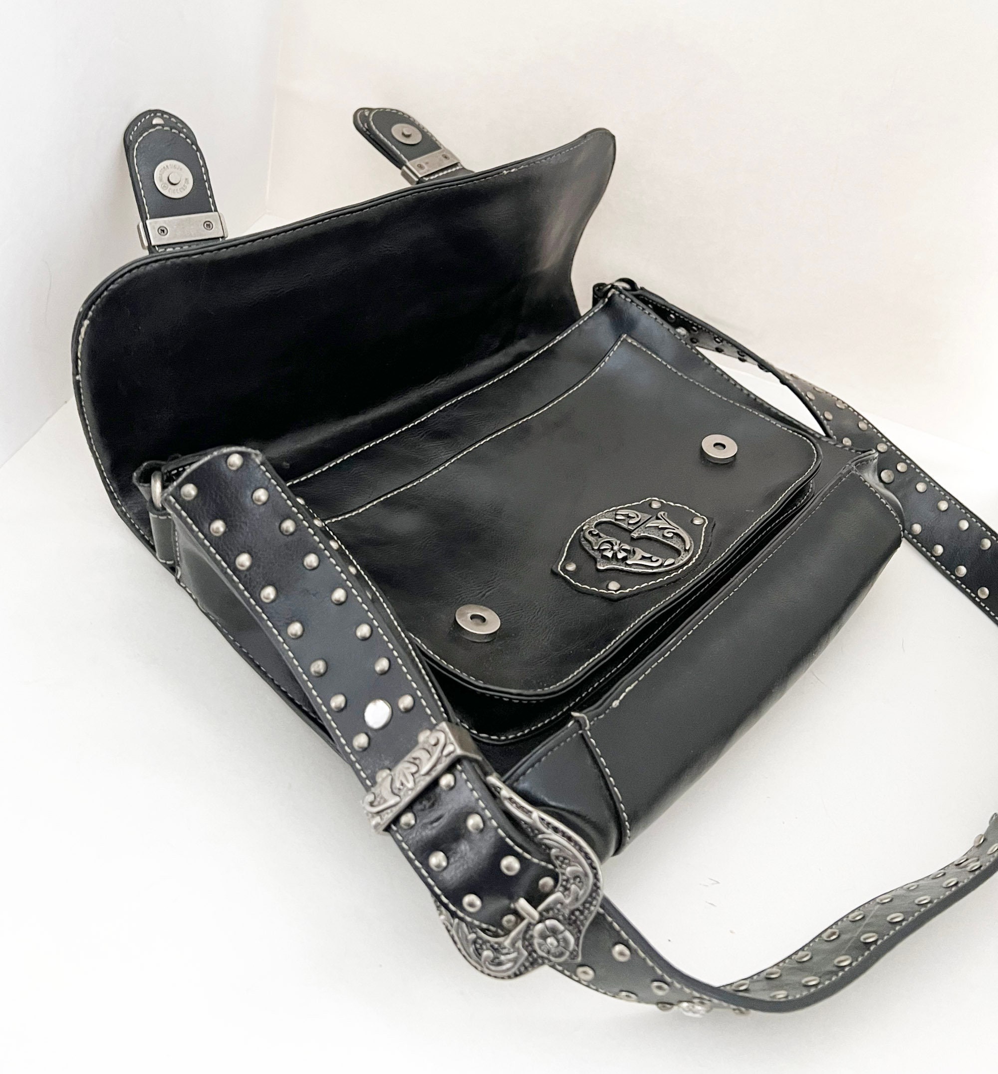 rough style bag／black leather Guess Black Faux Leather Biker Style Bag Punk Purse Goth